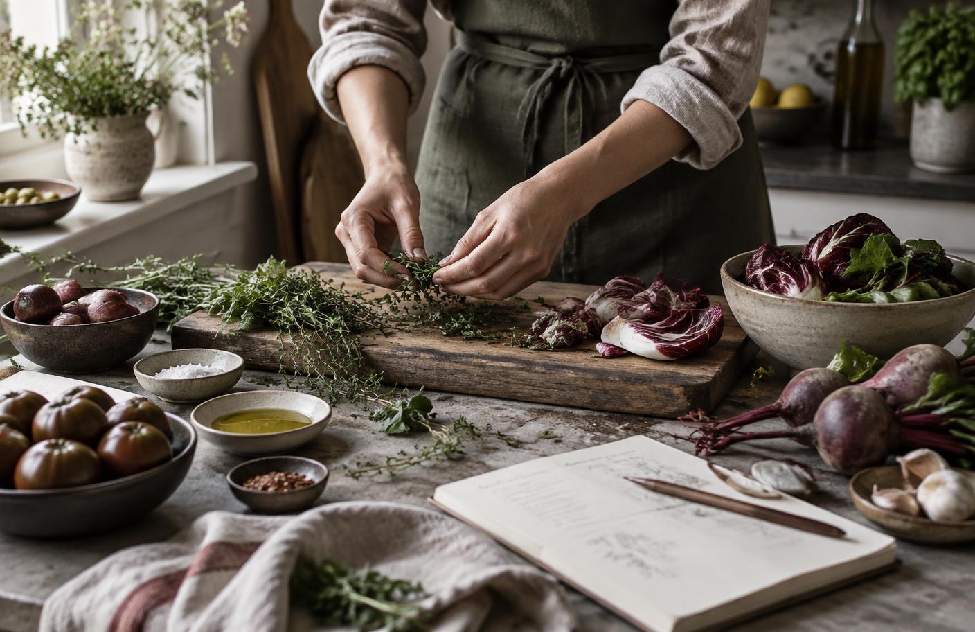 Hands developing a recipe with fresh seasonal ingredients